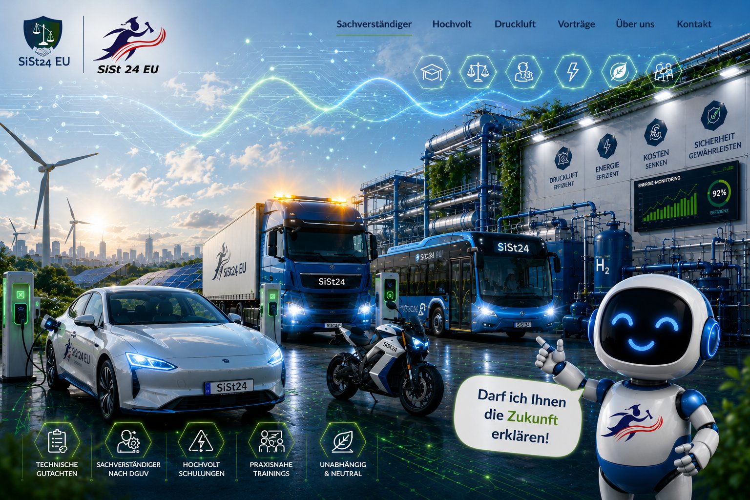 SiSt24-Fuhrpark: E-Pkw, Lkw, E-Bus und Motorrad vor moderner Industrieanlage